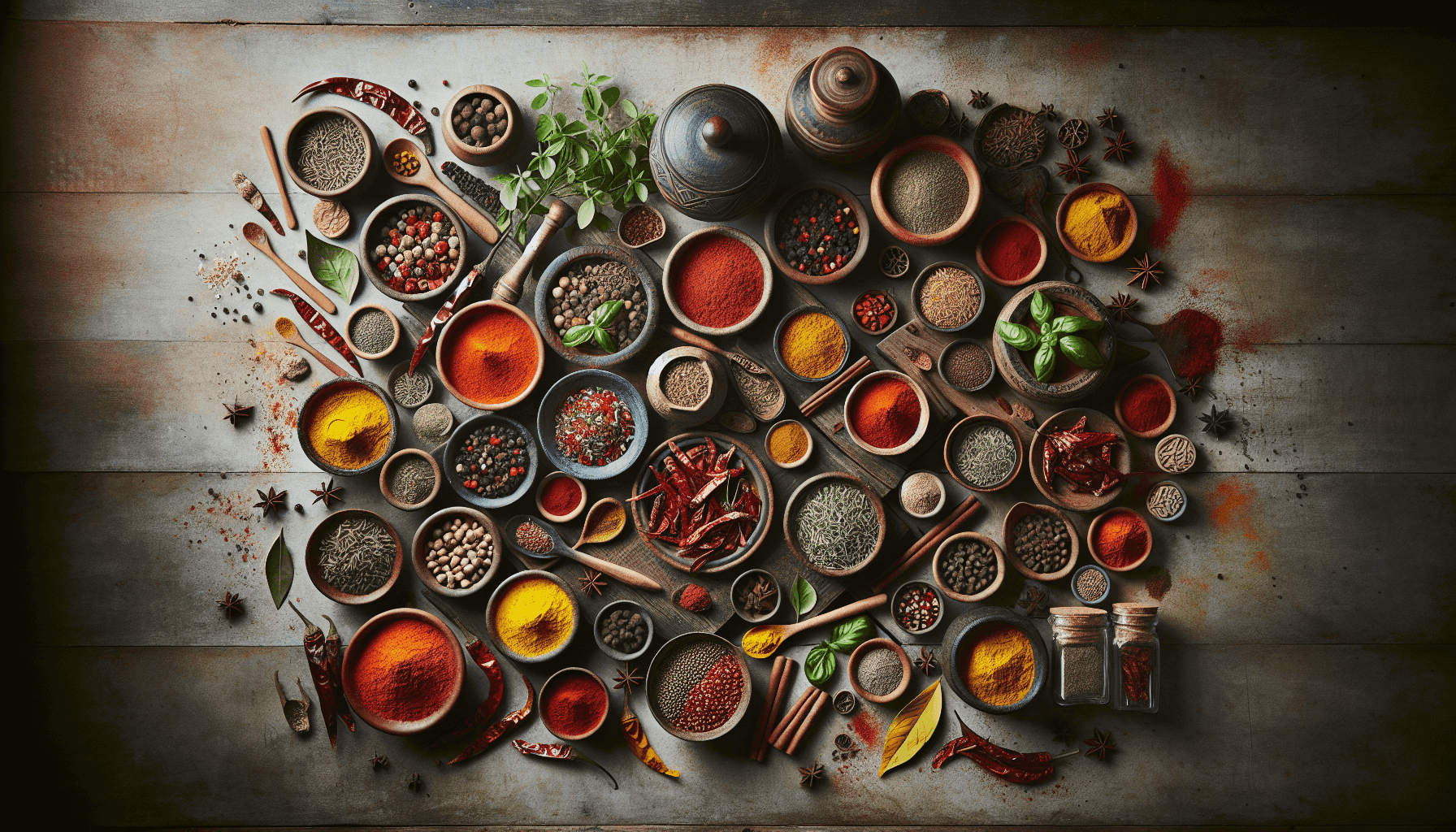 Colorful spices and herbs on a kitchen countertop